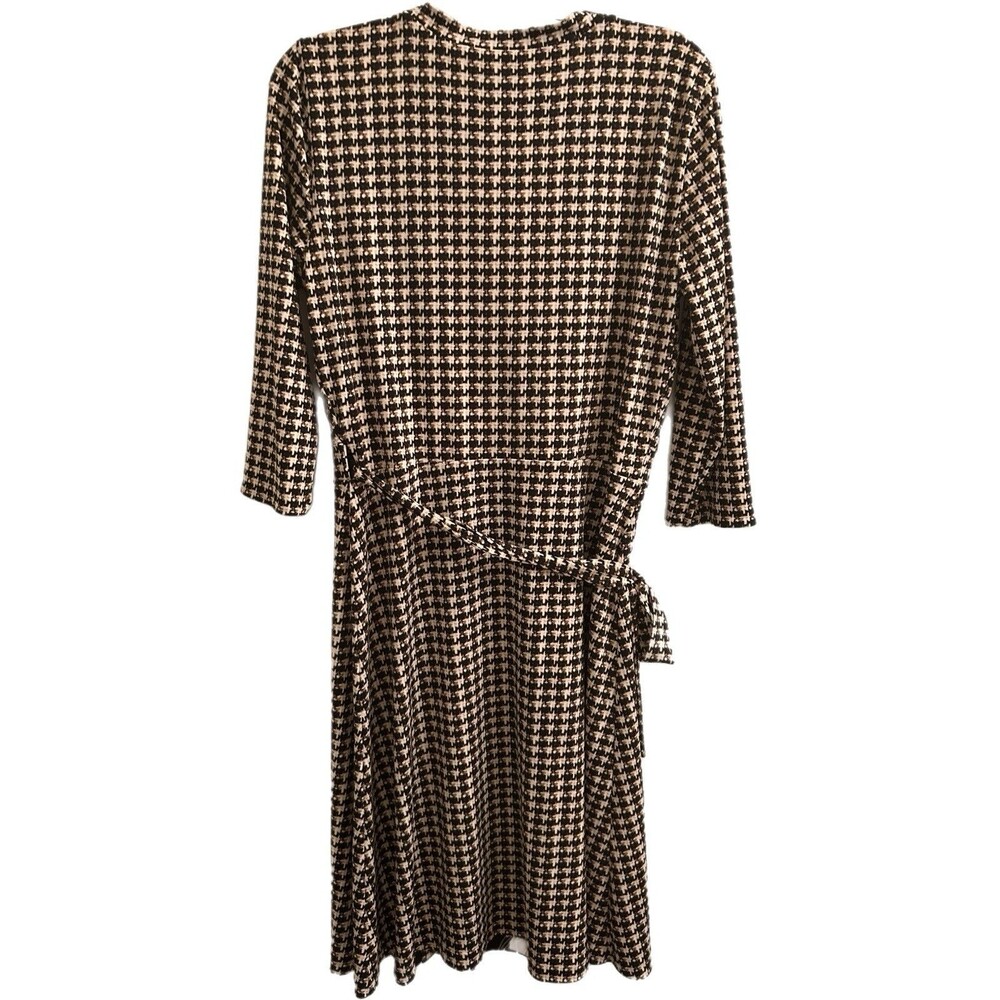 White House Black Market Black Tan Floral Houndstooth Reversible Wrap Dress Sz M - Picture 3 of 8